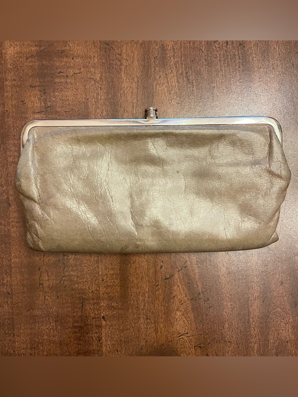 HOBO Lauren Tan Taupe Leather Clutch Wallet - Rose Pattern Lining